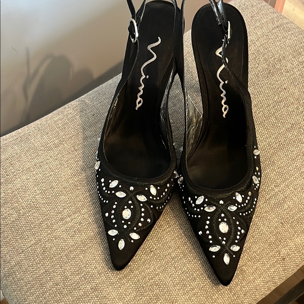 Nina Black Patent Leather Heels with Rhinestone Embellishments